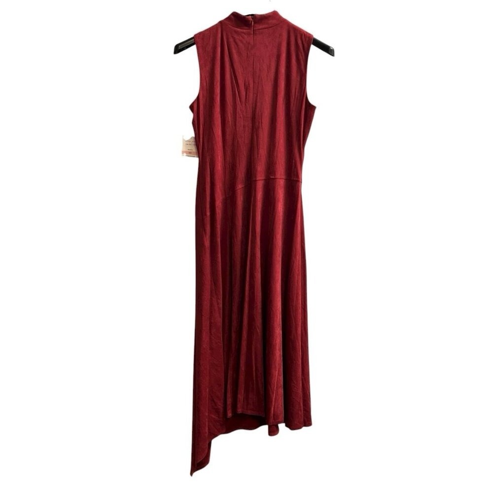 Taylor Dress Red Faux Suede Mock Neck Sleeveless Asymmetric Midi Size 10 Event - Picture 2 of 10